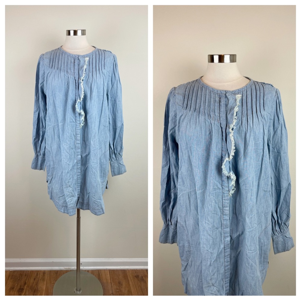 Free People Solid Light Blue Denim Jean Dress Long Sleeve Boho Women Small